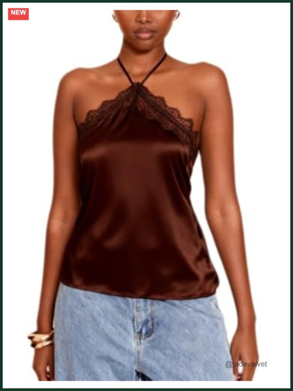 Women Satin Lace Cami Top Sleeveless Halter Neck Backless Tank Top